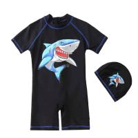 儿童泳衣男童连体泳衣韩国恐龙带帽泳装长袖沙滩服温泉游泳衣 防鲨鱼皮蓝蓝蓝线鲨鱼泳衣 M