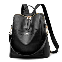背包双肩包女2021年女士新款韩版大容量女士旅行包百搭时尚书包潮 皮质款-黑色