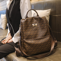 双肩包女2021夏新款超火大容量背包百搭旅行包学生时尚单肩书包潮 咖啡色MK纹