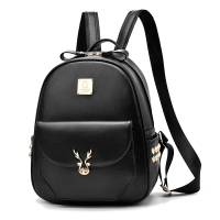 铆钉防盗双肩包2021新款软皮百搭旅行背包学生书包小鹿锁扣女包包 黑色(送鳄鱼纹手包)