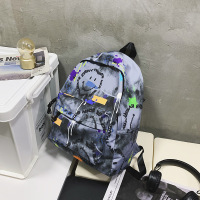 韩版涂鸦个性双肩包2021新款百搭大容量背包男女ins学生学院书包 蓝色--无挂件