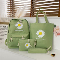 2021新款时尚简约双肩包女韩版小雏菊印花学生少女书包四件套背包 绿色