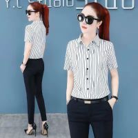 白色条纹衬衫女长袖2021春夏新款衬衣职业装韩版修身雪纺衫打底衫 1316白色短袖 S 70-94斤