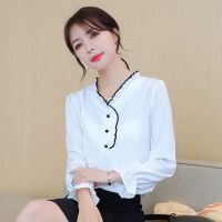 雪纺衫女式春秋潮流时尚洋气衬衫长袖T恤遮肚子显瘦上衣外穿秋衣 白色 S 建议100斤以下