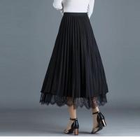 [两面穿]半身裙春夏季女新款大码高腰蕾丝百褶裙中长显瘦网纱裙 黑色(裙长80cm) S 建议[80-100斤]