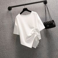 大码女装200斤胖妹妹夏季新款韩版T恤显瘦百搭不规则短袖上衣女 7485白色 M 建议80-100斤