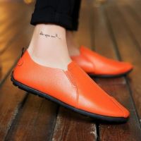 皮鞋男鞋夏季透气镂空鞋男士休闲鞋一脚蹬爸爸鞋工作鞋子男夏季 豆豆鞋-【桔色】 44