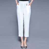 哥弟新款2021夏季真丝女裤桑蚕丝高腰九分休闲裤子女宽松显瘦 白色 L 95斤-110斤