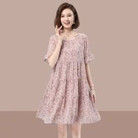 碎花雪纺连衣裙女中长款2021年夏季新款宽松大码气质减龄妈妈裙子 粉色 M 建议80-100斤