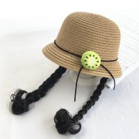 日系女童渔夫假发帽子宝宝草帽沙滩辫子假发一体遮阳帽萌 咖啡柠檬 头围49-51年龄2-5岁