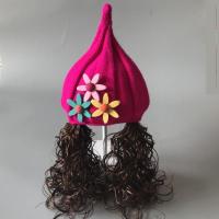 宝宝帽子春秋冬假发帽婴儿童3个月-8岁女童小孩长发鞭子帽毛线帽 玫红三朵花散发 3-6个月