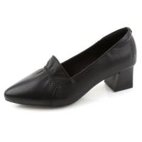 达芺尼中跟单鞋女2021新款秋季真皮尖头女式妈妈鞋子粗跟百搭女鞋 黑色 35