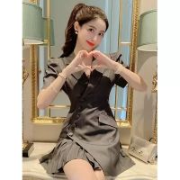 泡泡袖西装裙女夏季新款收腰显瘦气质御姐短款设计感百褶连衣裙子 灰色 M