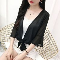 防晒衣女短款学生韩版薄外套夏季外搭吊带的开衫雪纺小披肩防晒服 815#黑色 2XL