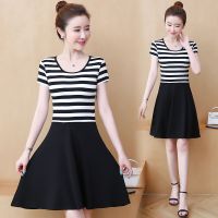 2021新款女装夏季黑白条纹连衣裙棉质修身显瘦a字裙中长款大摆裙 窄条纹 S 建议85-95