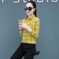 2021新款格子衬衫女长袖春装时尚气质韩版宽松长袖衬衣女上衣洋气 黄色/格子 M