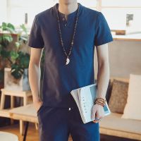 中国风男装棉麻T恤夏季宽松 汉服短袖古风上衣中式复古亚麻t恤 藏青 此款尺码偏小 M 80-105斤