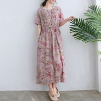2021夏装新款印花棉麻短袖碎花连衣裙文艺复古收腰显瘦气质长裙子 粉色 [棉麻薄款 舒适透气] M 建议90斤-105斤