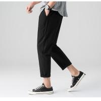 夏季薄款亚麻短袖T恤男中国风仙鹤刺绣棉麻料潮流宽松古风上衣服 黑色 九分裤 M 90-110斤