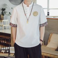 亚麻t恤男夏季立领刺绣五分半袖宽松大码中国风短袖棉麻男装上衣 白色 M 110斤内