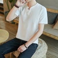 亚麻短袖t恤男V领宽松半袖中国风唐装男潮牌复古潮流胖子棉麻男装 一件双扣白色 M 一般适合体重115斤内