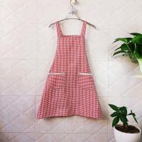 方格棉布背带围裙清新可爱花边漂亮洋气透气家用厨房烘焙耐脏新款 红色格围裙