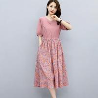 棉麻2021夏天新款收腰短袖裙子时尚小碎花拼接休闲连衣裙女中长款 粉色 4XL