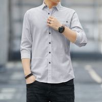 富贵鸟短袖男士七分袖衬衫薄款弹性修身韩版棉布拼接休闲中袖衬衣 浅灰色 七分袖 M