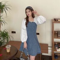 法式方领泡泡袖连衣裙秋季新款假两件短裙大码女装显瘦减龄牛仔裙 蓝色 M[建议85-100]