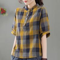 夏季新款短袖棉麻衬衫女休闲百搭半袖显瘦衬衣格子宽松套头上衣潮 黄色格子 M [建议90-105斤左右]