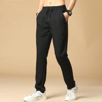 裤子男薄款透气冰丝休闲裤中老年直筒宽松弹力速干松紧腰长裤子潮 XZ黑色[单条装] M 80-100