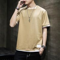 棉]ins潮牌夏季假两件短袖t恤男士韩版宽松潮流上衣服情侣装半袖 [高品质]卡其 3XL [收藏店铺优先发货]