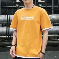 短袖t恤男港风假两件五分袖潮流宽松加大码男装衣服青年学生半袖 137英文黄 M