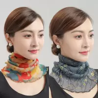 [买1送1]围巾女套头围脖女小丝巾春夏季面罩防晒挂耳式围脖潮流 多彩玫瑰送梅花藏青[共发2条]