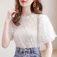单/套装裙女夏时尚蕾丝上衣泡泡袖短袖修身牛仔半身裙A字裙两件套 白色[单件上衣] S [建议80-90]斤