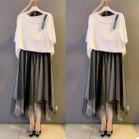 时尚大码新款连衣裙套装女洋气显瘦T恤+不规则网纱半裙裙两件套 白色上衣单件 M 建议80-100斤