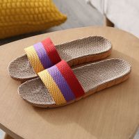 新款夏季女式灯芯绒蝴蝶结亚麻拖厚底鞋手工透气耐磨卧室地板拖 拼色红 35/36