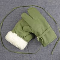 羊毛内胆三指五指手套加厚绒冬季骑车保暖防风羊绒羊皮真皮手套男 军绿色-三指款
