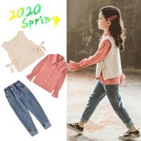 童装女童2021新女孩韩版粉色衬衫坎肩牛仔裤休闲修身小脚裤裤套装 女童衬衫坎肩牛仔裤套装 110码(收藏店铺宝贝优先发货