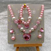 儿童饰品套小孩项链公主水晶大爱心首饰女童仿珍珠手链无耳洞耳夹 [粉]大爱心项链套装