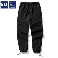 KM 男士工装裤男束脚裤宽松时尚青年男士休闲裤子男大码薄款潮牌 黑色 夏季薄款 S