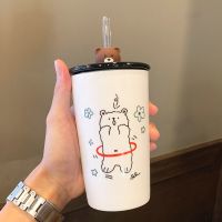 简约韩版陶瓷杯子带盖带吸管马克杯ins原宿风女学生可爱闺蜜水杯 呼啦圈熊400ml-带盖带吸管 杯子+杯刷