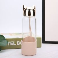 闪电狐玻璃杯猫耳朵男女学生情侣卡通隔热防烫随手狐狸杯创意水杯 香槟色