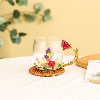 珐琅彩水杯家用创意咖啡杯大耐热玻璃杯女玫瑰花茶杯子果汁杯套装 红色玫瑰 矮杯无勺简装