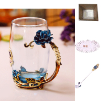 新品创意珐琅杯花茶杯时尚情侣水杯女办公家用套装无铅耐热玻璃杯 泡沫盒+珐琅勺子 蓝玫瑰高款