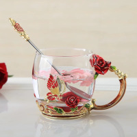 珐琅彩水杯带盖玻璃杯子套装女家用耐热欧式花茶杯创意送情侣礼物 透明红玫瑰矮杯+勺子+简装