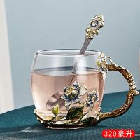 新款珐琅彩水杯耐热玻璃杯女花茶杯茉莉花家用杯子套装创意咖啡杯 茉莉花矮杯+珐琅勺(简装)