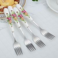 家用水果叉套装不锈钢水果叉水果签甜品叉小叉子月饼叉餐叉蛋糕叉 红玫瑰叉子4支装