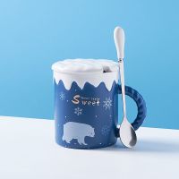 创意可爱卡通陶瓷马克杯大容量带盖勺男女学生上学家用喝水泡茶杯 雪花熊A款 带盖+白色陶瓷勺