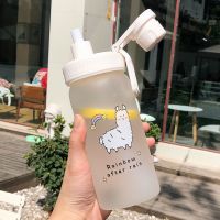 杯子女学生韩版可爱吸管杯子女防摔磨砂大容量高颜值玻璃水杯便携 彩虹羊[磨砂吸管杯] 单个吸管玻璃杯500ml